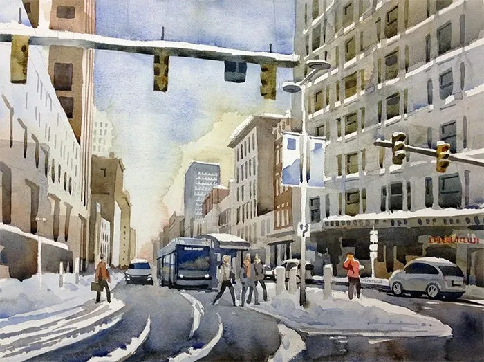 Looking East on Euclid Ave, watercolor on paper, 2013