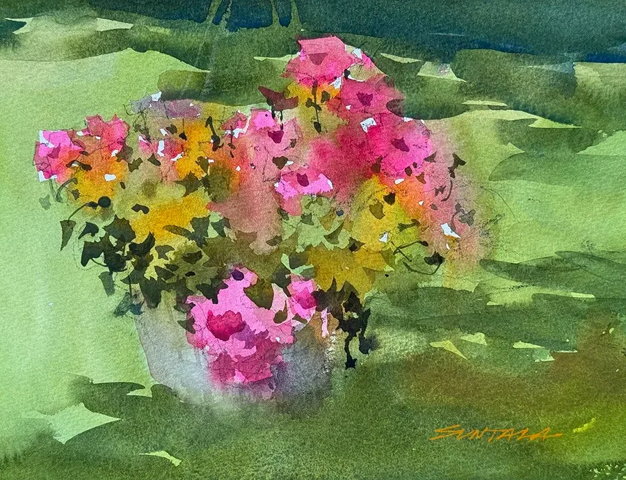 loose watercolor of a hanging basket with orange and magenta flowers.