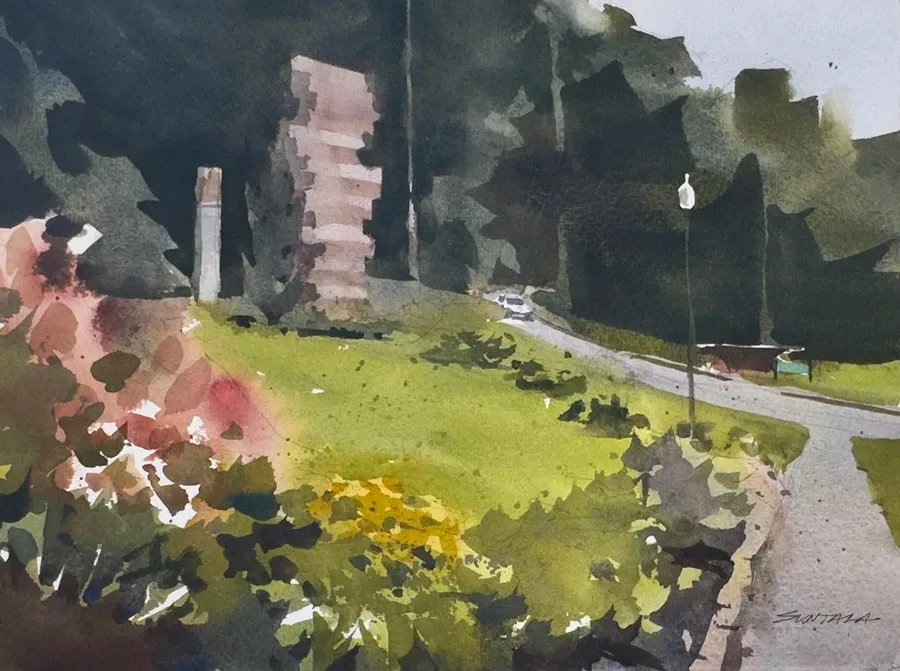 Loose plein air watercolor of the Armenian Cultural Garden.