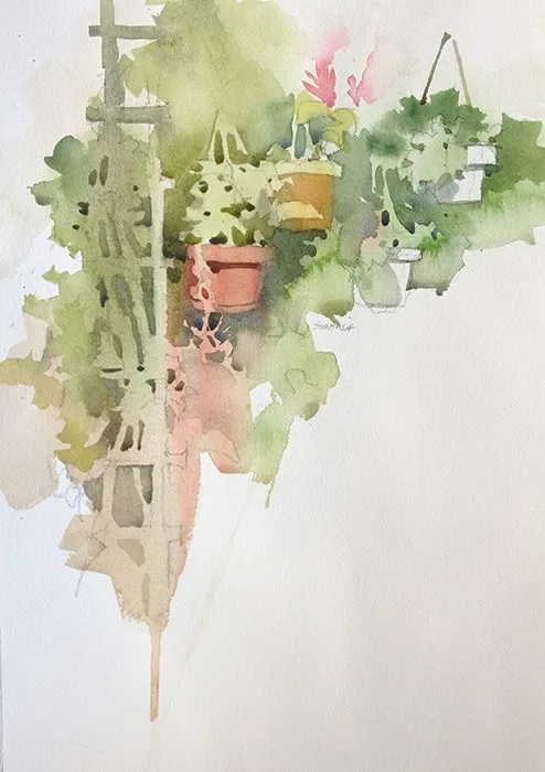 Watercolor of hanging flower baskets