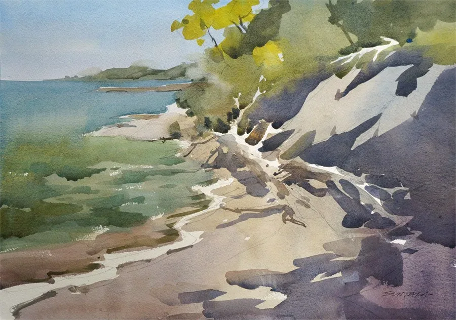 Loose plein air watercolor of a Lake Erie beach.