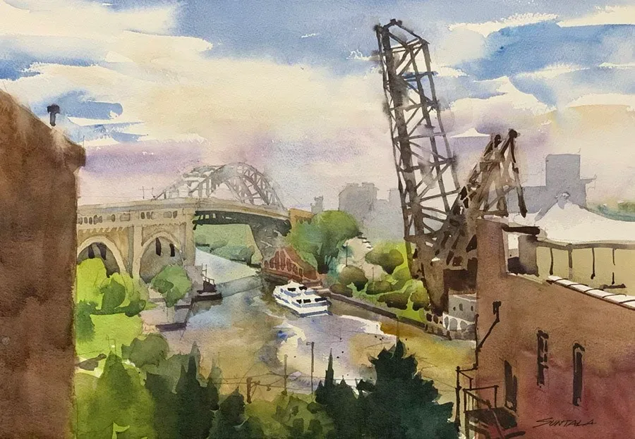 Plein air watercolor looking down on the Goodtime cruise boat navigating the Cuyahoga River.