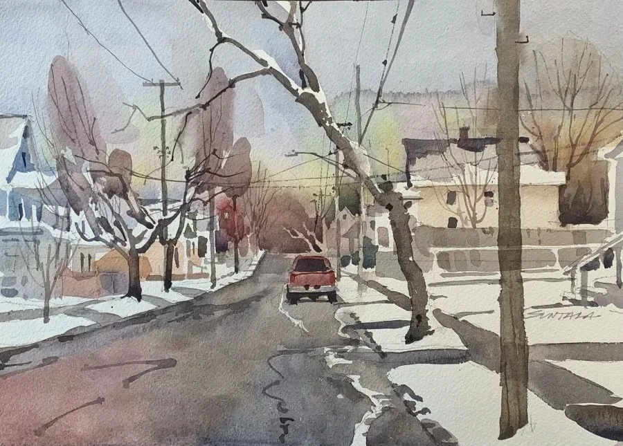Plein air watercolor painted from the car of W 60th St.