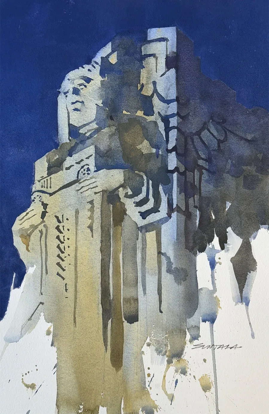 Loose watercolor painting of one of Cleveland’s Guardian of Transportation statues.