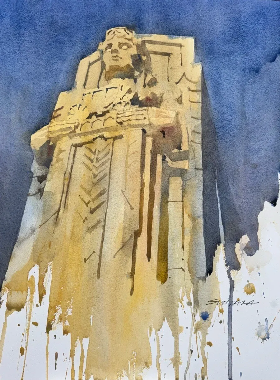 Loose watercolor painting of one of Cleveland’s Guardian of Transportation statues. .