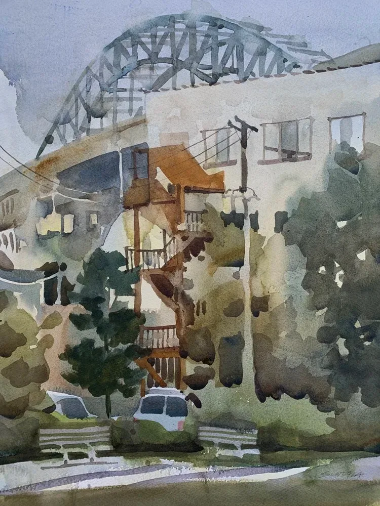 Cleveland Flats, Detroit Superior Bridge, watercolor on paper, 2020