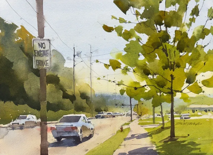 Loose yet illustrative watercolor of Rt 82 in Strongsville looking east in the morning. The hills of North Royalton are a bluish haze in the distance.