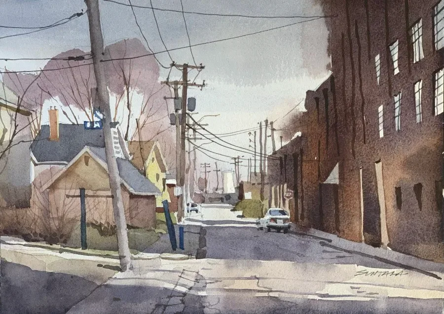 Loose watercolor of Wakefield Ave looking south at W 66th St, painted plein air February 19, 2023.