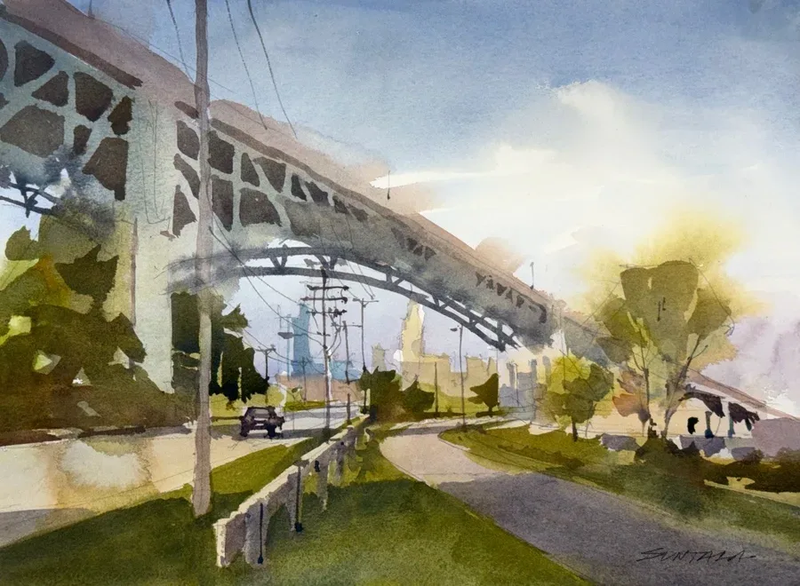 Loose plein air watercolor of the towpath trail on the Scranton Rd. peninsula, Cleveland, OH.