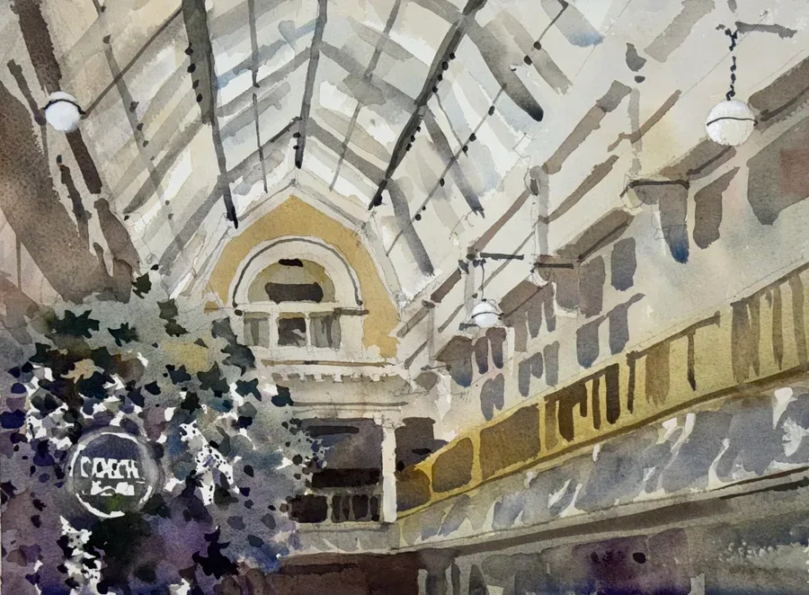 Colonial Arcade 5-17-2025, watercolor on paper, 2025