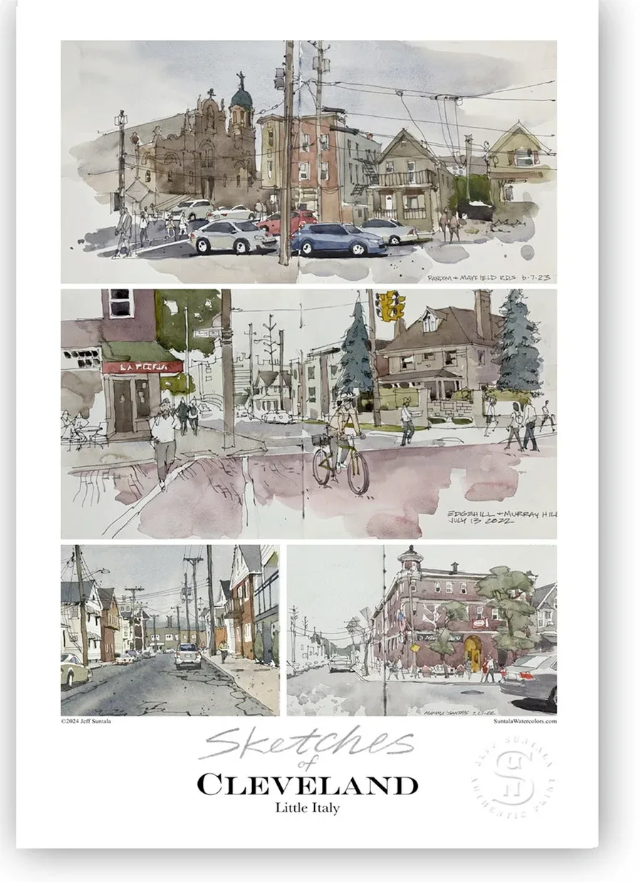 Signed print featuring line and wash sketches of the Little Italy neighborhood.