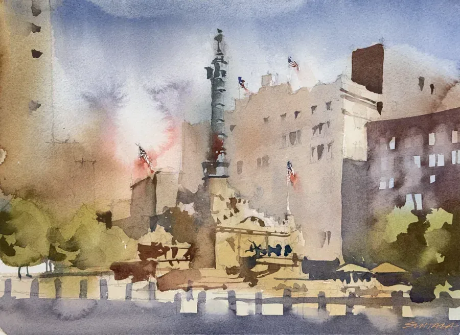 Loose watercolor of Public Square and the Soldiers and Sailors Monument.