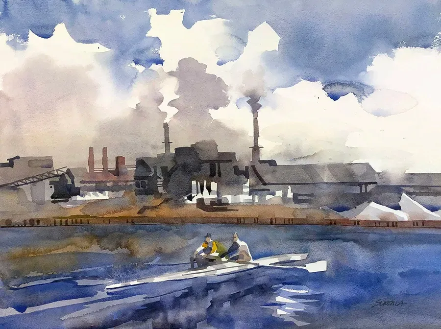 scullers passing a steel pant on the Cuyahoga River