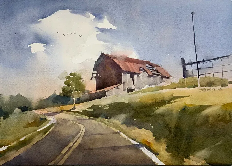 Loose watercolor of a decaying barn on a hill with a twisting road.
