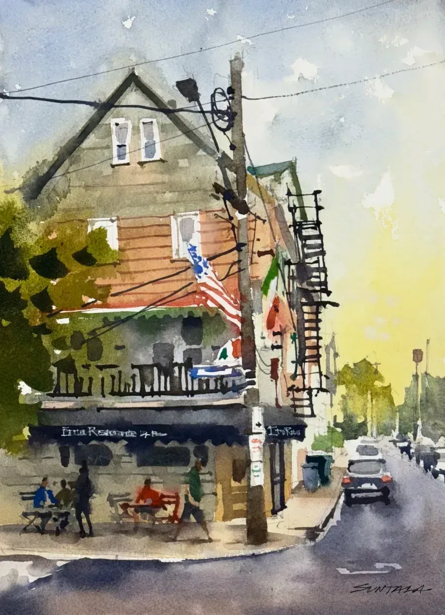 Loose watercolor of Etna Ristorante in Little Italy