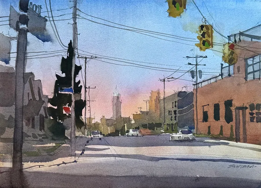 Plein air watercolor of Scranton Rd looking north, with the Cleveland, OH skyline in the distance.