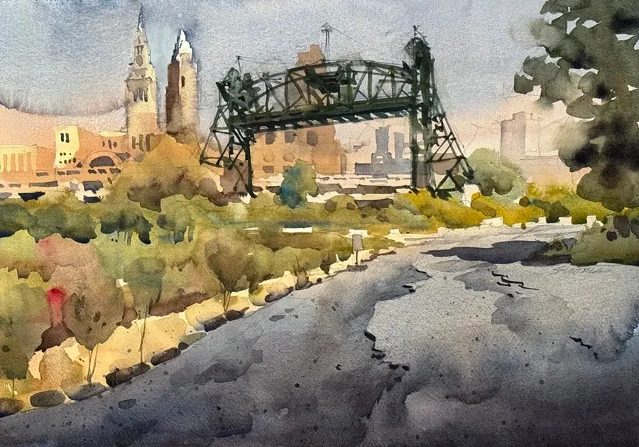 Watercolor of the Eagle Avenue bridge as seen from the taconite piles on Stones Levee Rd