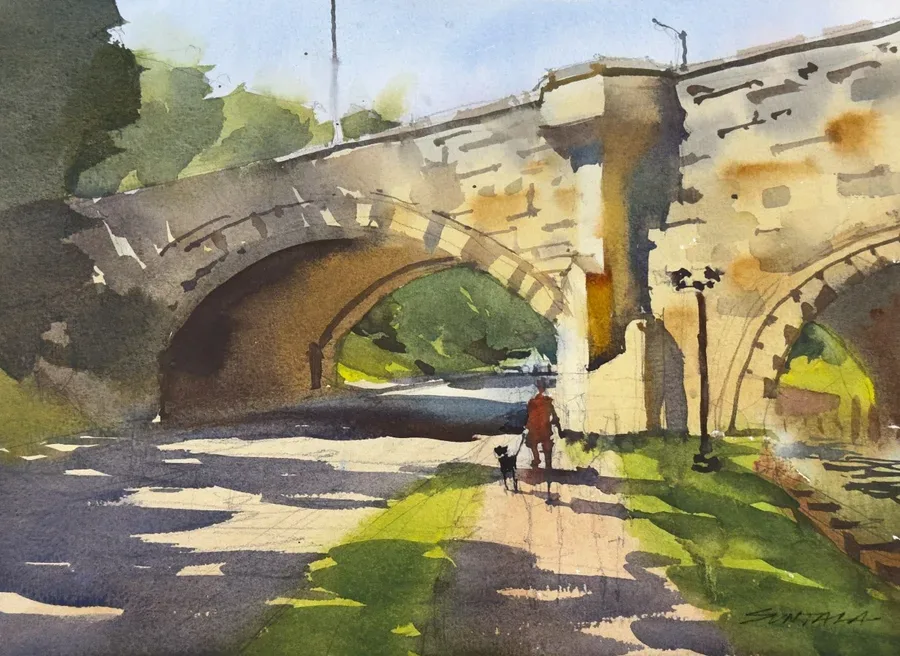 Loose plein air watercolor of the Superior Ave. Schweinfurth bridge in Cleveland, OH.