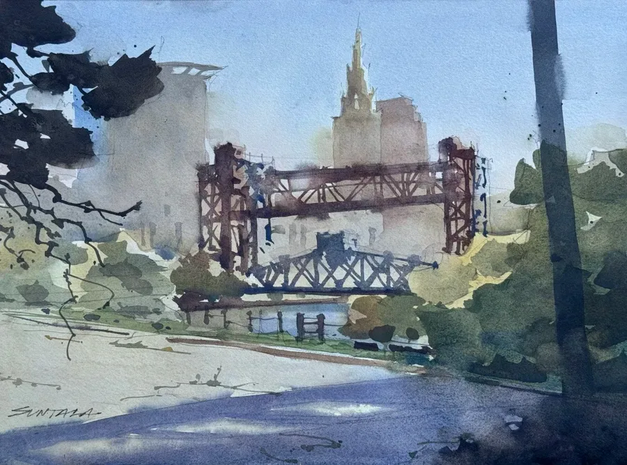 Loose watercolor of the Carter Rd and NY Central Railroad Bridge, Cleveland, OH
