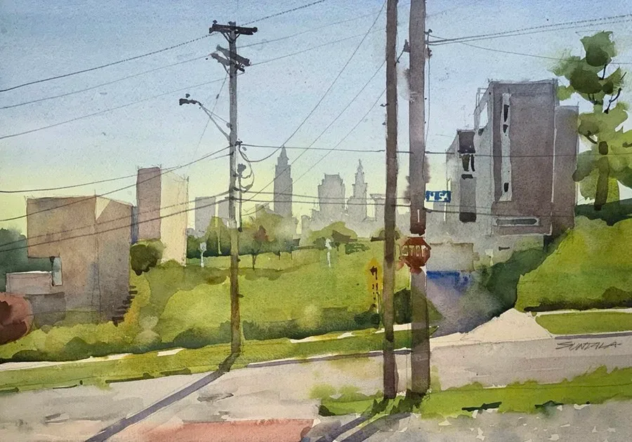Plein air watercolor of Cleveland skyline seen between two contemporary houses on W 54th St , Cleveland.