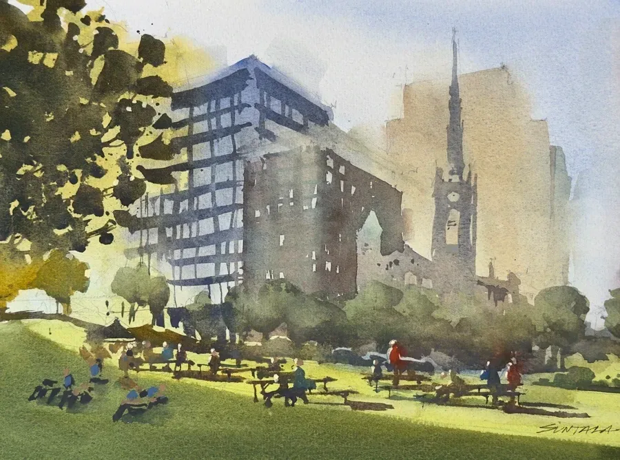 Loose plein air watercolor of Public Square looking north at the Old Stone Church.