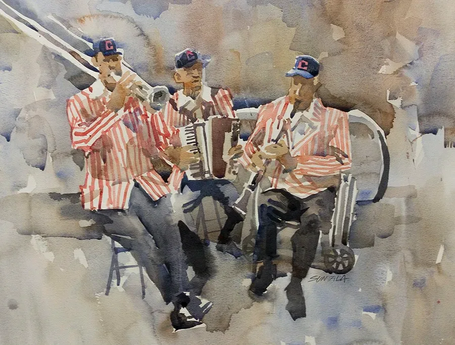Barbershop Ballpark Trio, watercolor on paper, 2018