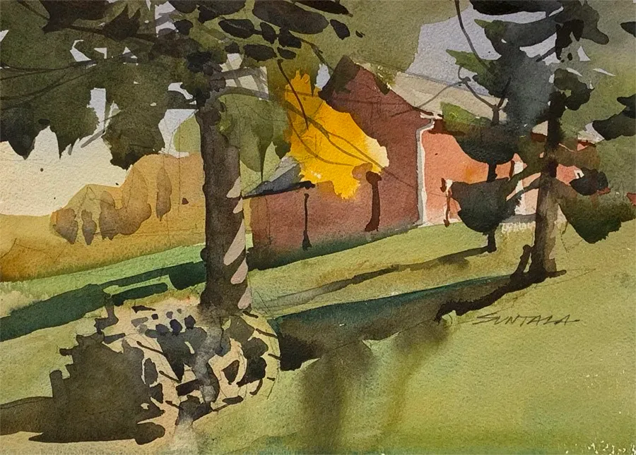 Loose watercolor of an antique tractor in front of a red barn.