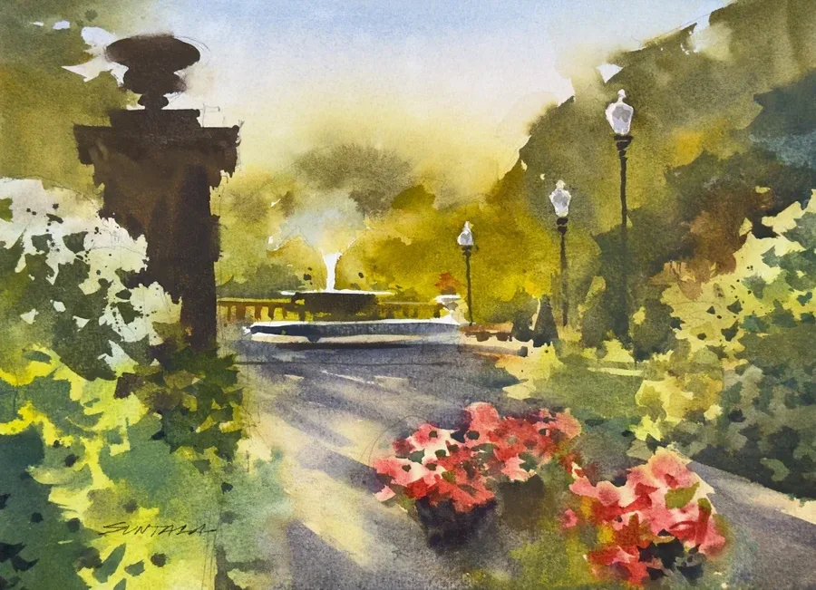 Loose plein air watercolor of the Italian Cultural Garden in Cleveland.