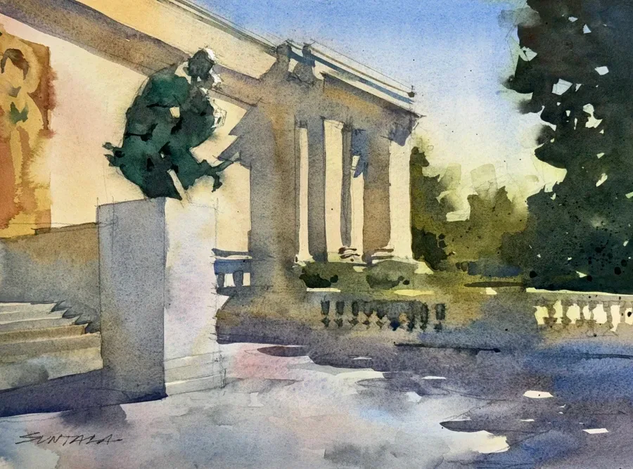 Loose plein air watercolor of Rodin's "The Thinker" at the south entrance of the Cleveland Museum of Art.