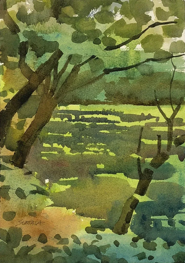 Plein air watercolor of Gardenview duckweed pond
