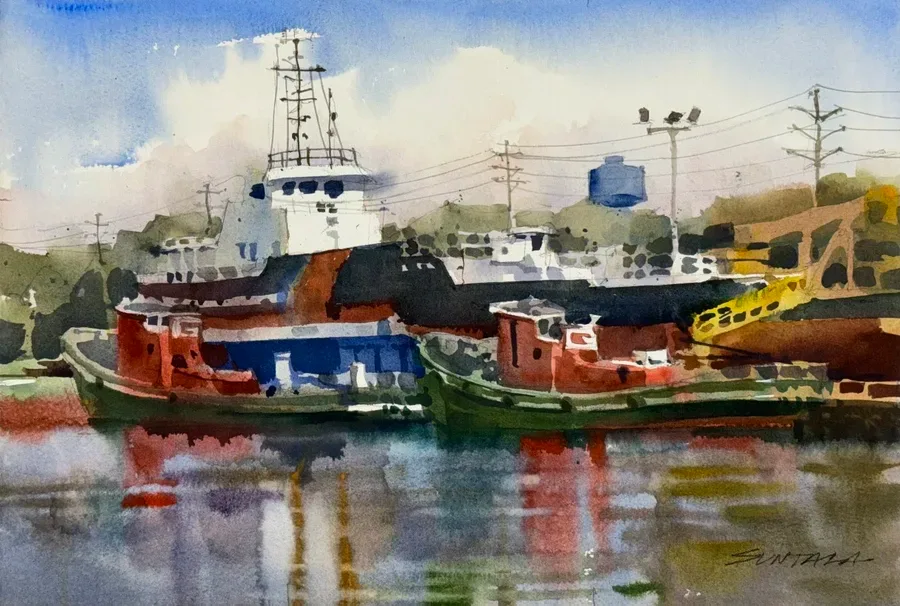 Plein air watercolor fo the Great Lakes Towing Shipyard as seen from the Olde River Yacht Club.