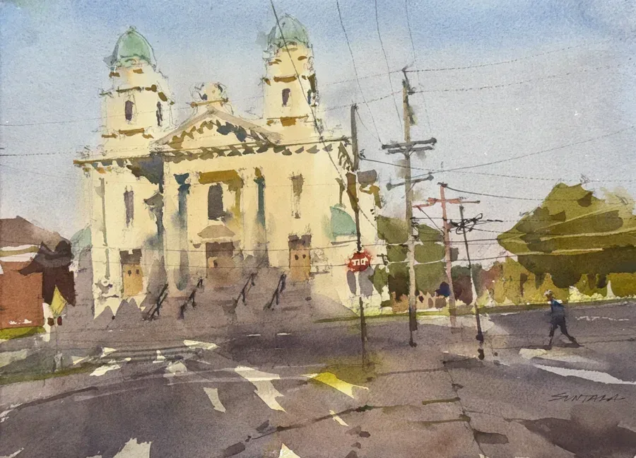 Loose watercolor of St Coleman's Church on West 65th Street.