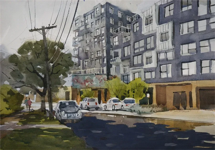 Plein air watercolor of the Church and State apartments.