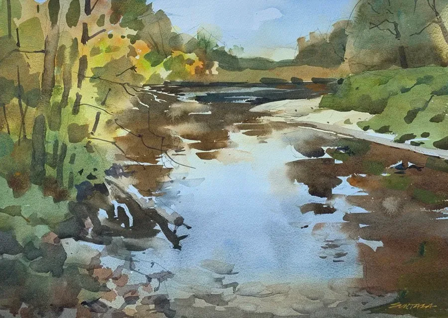 Loose plein air watercolor of the Cuyahoga River from the Vaughn Rd bridge in Peninsula, OH