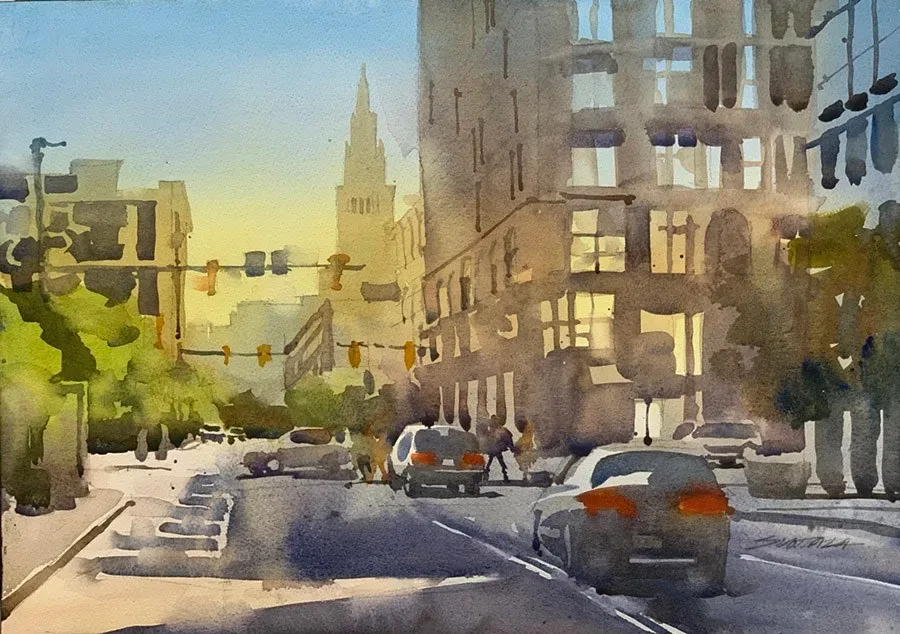 Downtown Cleveland street scene of Prospect and E 9th.