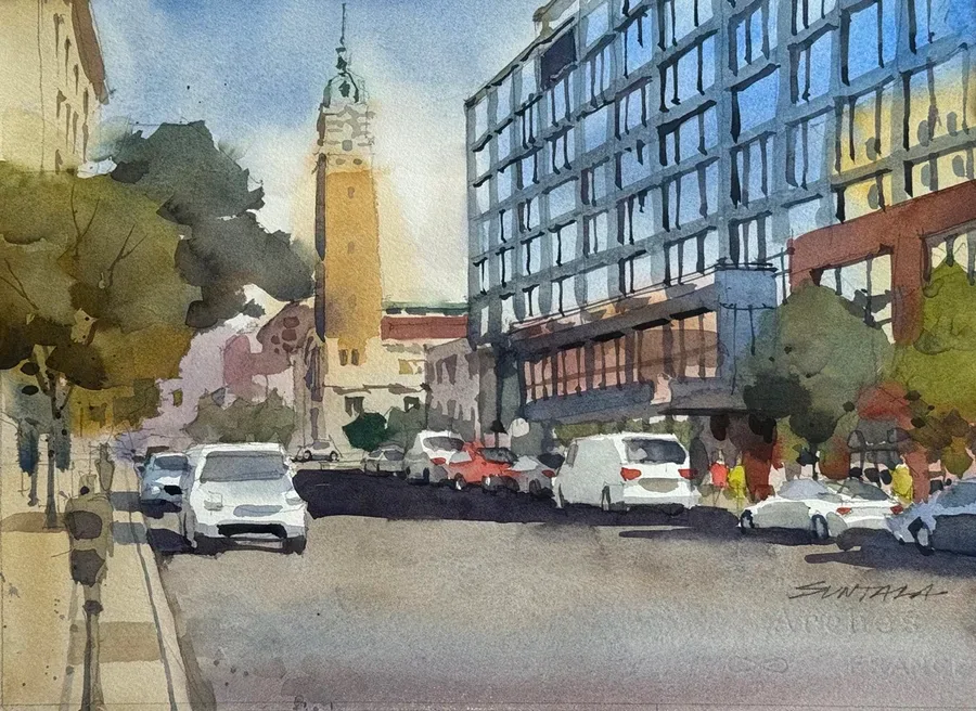 loose watercolor of view looking north on W 25th St at the West Side Market, Cleveland, OH