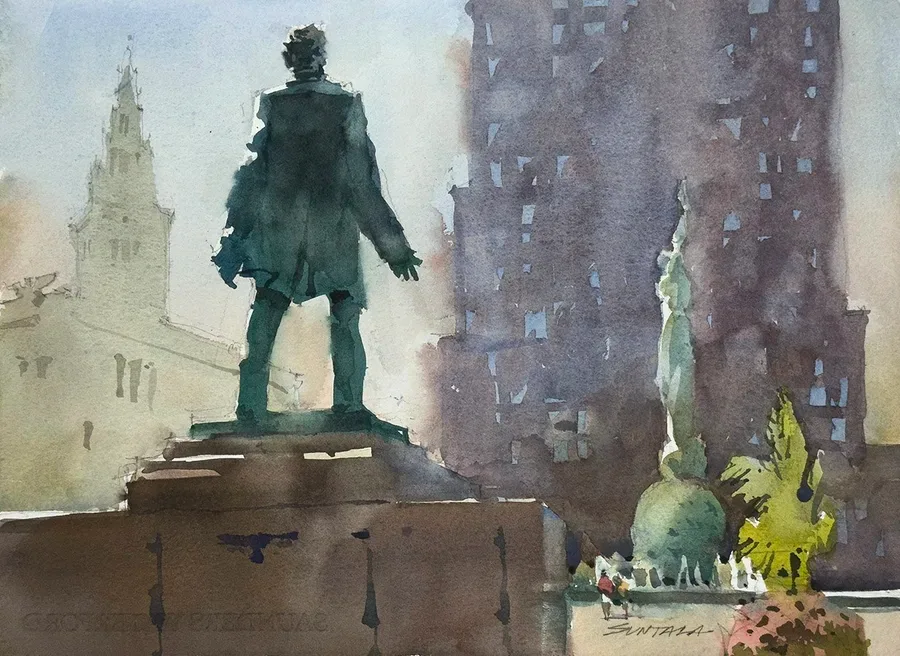 Loose watercolor of the Abraham Lincoln statue in foreground of Mall A in Clevelad, OH