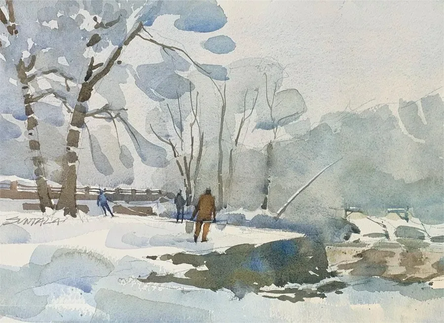 Loose plein air watercolor of steelhead trout fisherman at the Rock River, Cleveland, OH.