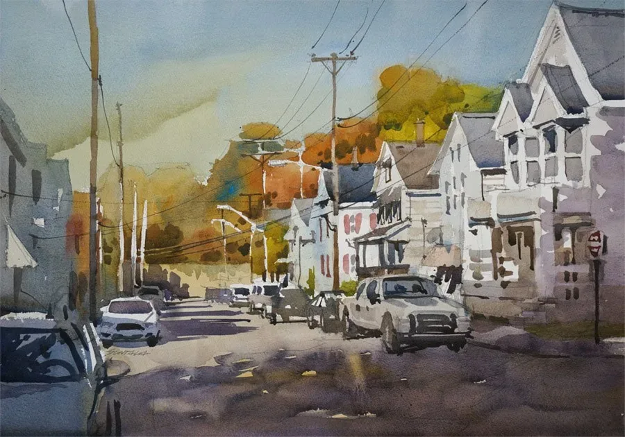 Plein air watercolor of E 123rd St looking east. The street is filled with parked cars and the Lake View cemetery can be seen in the far distance.
