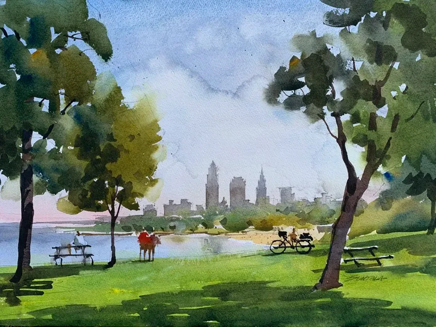 Watercolor of Upper Edgewater Park looking east at the Cleveland Skyline