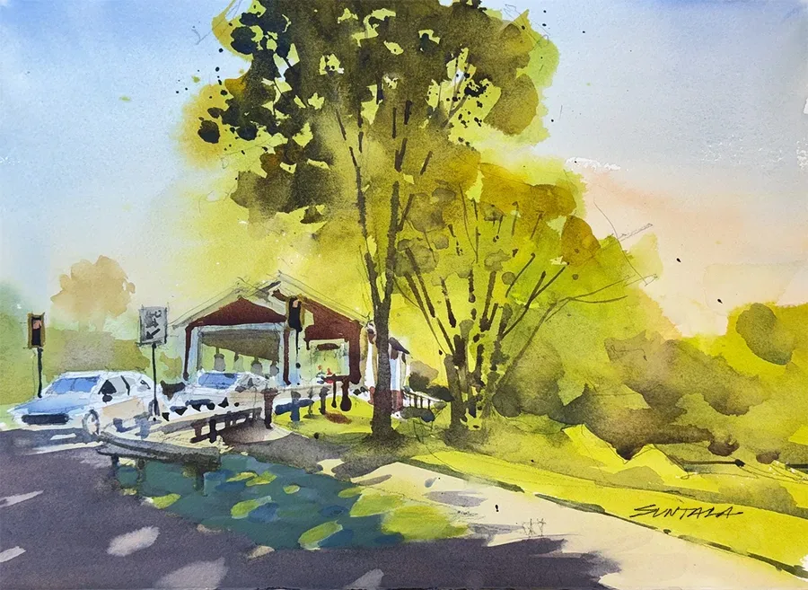 Loose yet illustrative watercolor of the one lane covered bridge in Strongsville, OH. The setting sun backlights the scene, with cars coming towards us and pedestrians walking away from us on the bridge.