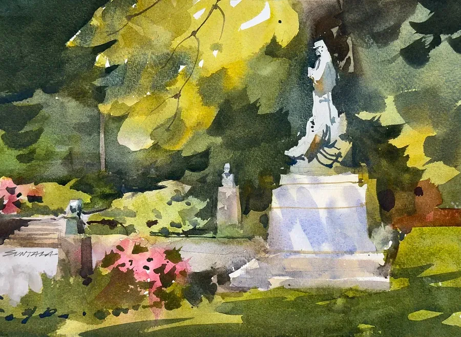 Loose plein air watercolor of the Slovak Cultural Garden in Cleveland, Oh.