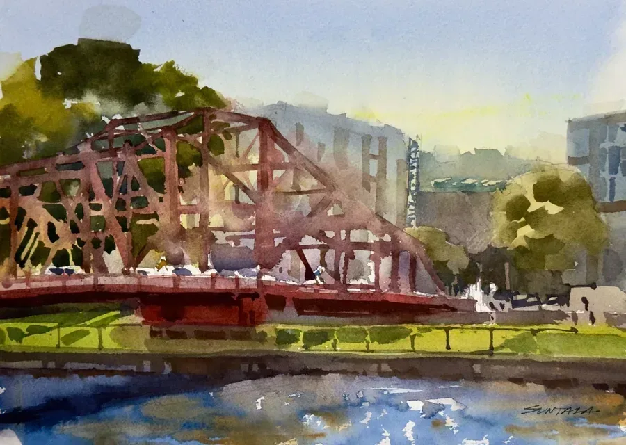 Loose watercolor of the Center St Swing Bridge in Cleveland