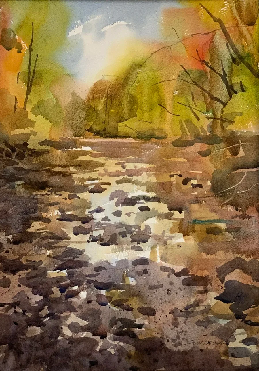 Loose plein air watercolor of Furnace Run, a very rocky river in Peninsula, OH. Painted from the riverbed.