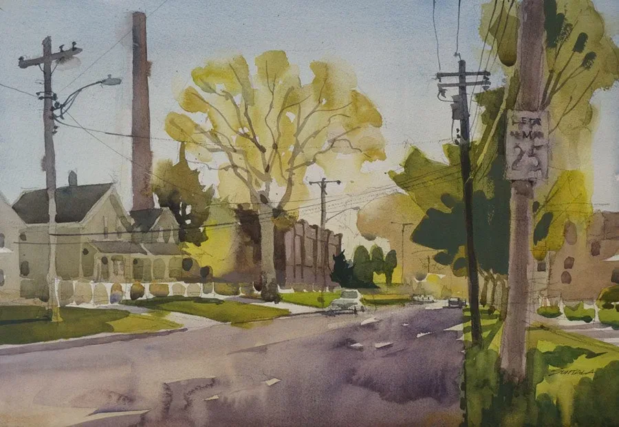 Plein air watercolor of the Hildebrandt Bldg on Walton Ave., Cleveland.