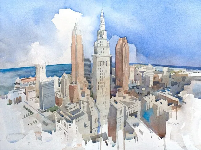 Original Watercolor - Cleveland Skyline, watercolor on paper, 2015