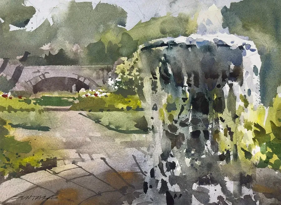 Loose plein air watercolor of the Irish Cultural Garden in Cleveland, OH.