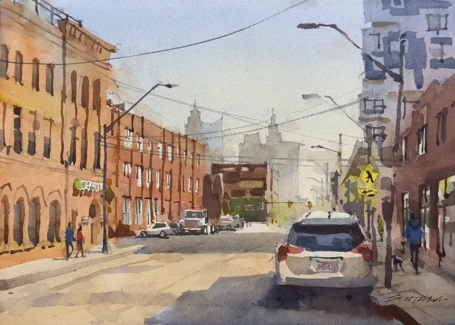 Loose yet illustrative watercolor of Detroit Rd in the Hingetown neighborhood of Cleveland, OH. The view is looking east, with the Van Rooy Coffee building to the left and the Cleveland skyline in the distance.