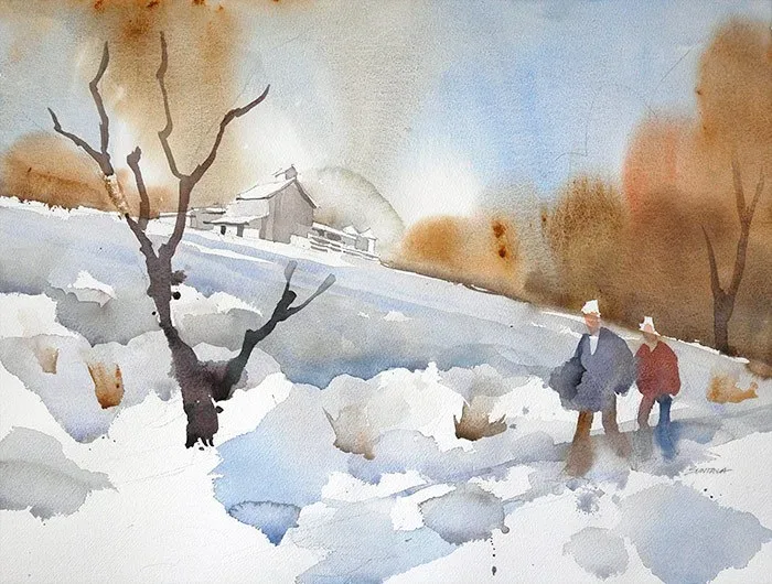 A Walk in the Snow, watercolor on paper, 2013