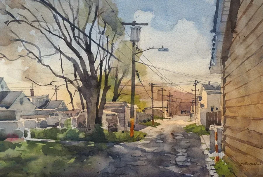 Watercolor of a back alley off of Fulton Rd in Cleveland, OH